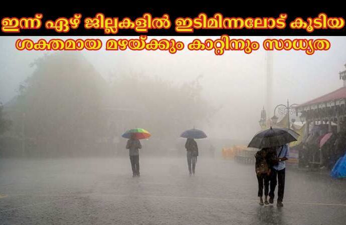 ഇന്ന് ഏഴ് ജില്ലകളില്‍ ഇടിമിന്നലോട് കൂടിയ ശക്തമായ മഴയ്ക്കും കാറ്റിനും സാധ്യത