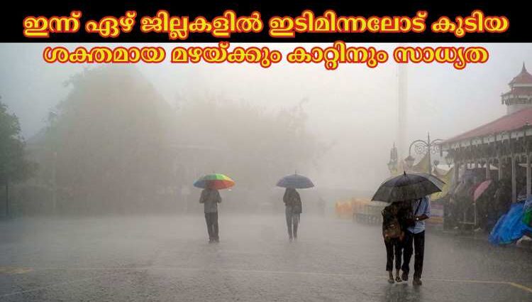 ഇന്ന് ഏഴ് ജില്ലകളില്‍ ഇടിമിന്നലോട് കൂടിയ ശക്തമായ മഴയ്ക്കും കാറ്റിനും സാധ്യത