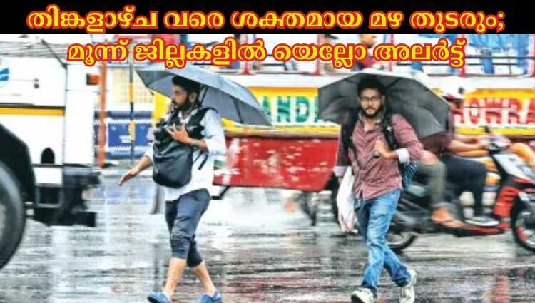 തിങ്കളാഴ്ച വരെ ശക്തമായ മഴ തുടരും; മൂന്ന് ജില്ലകളില്‍ യെല്ലോ അലര്‍ട്ട്