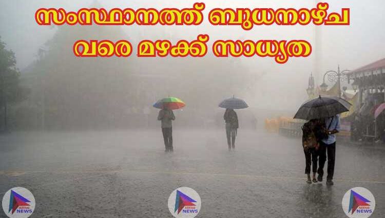 സംസ്ഥാനത്ത് ബുധനാഴ്ച വരെ മഴക്ക് സാധ്യത