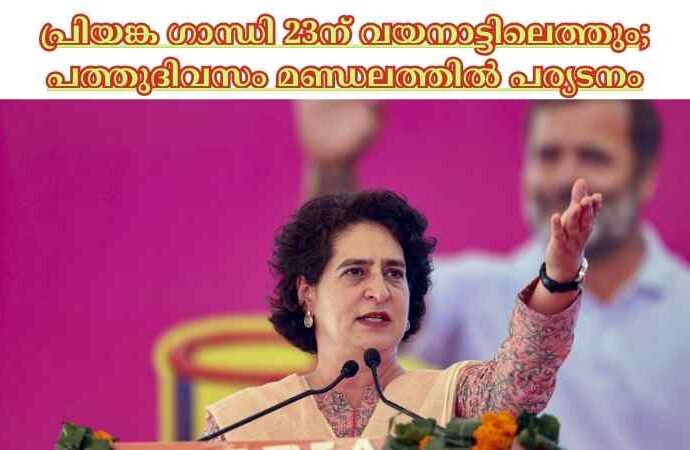 പ്രിയങ്ക ഗാന്ധി 23ന് വയനാട്ടിലെത്തും; പത്തുദിവസം മണ്ഡലത്തില്‍ പര്യടനം